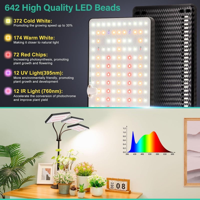 LBW Upgraded Desk Grow Lights for Indoor Plants, Tri-Head 642 LEDs Tabletop Full Spectrum Grow Light, with 3/6/12H Timer, 6 Brightness Levels, 3 Lighting Modes, Height Adjustable for 10-26 inches - Image 3